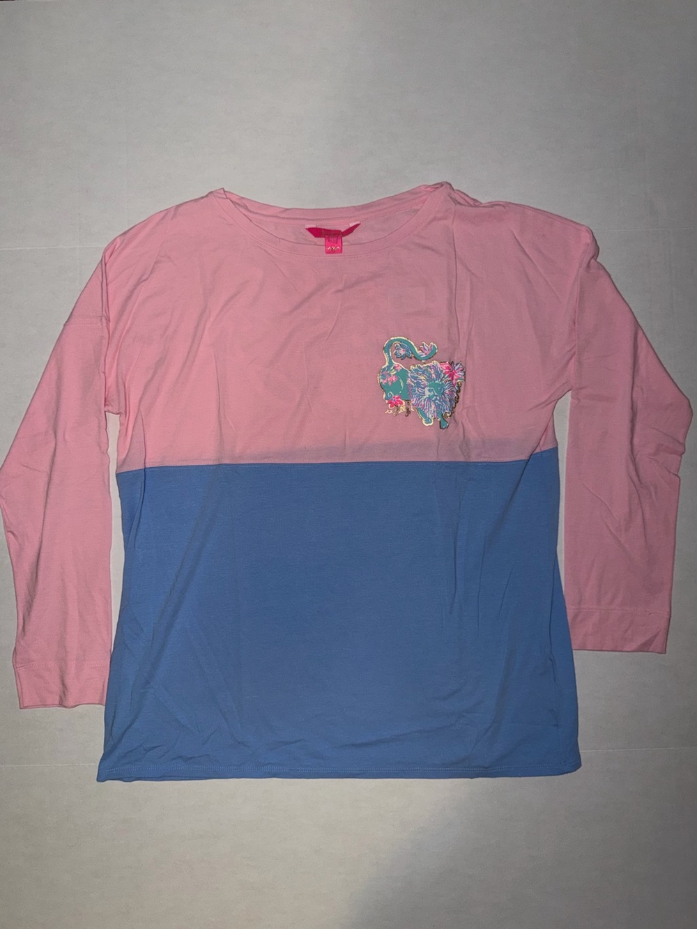 Pink and Blue Colorblock Long-Sleeve Top with Floral Graphic